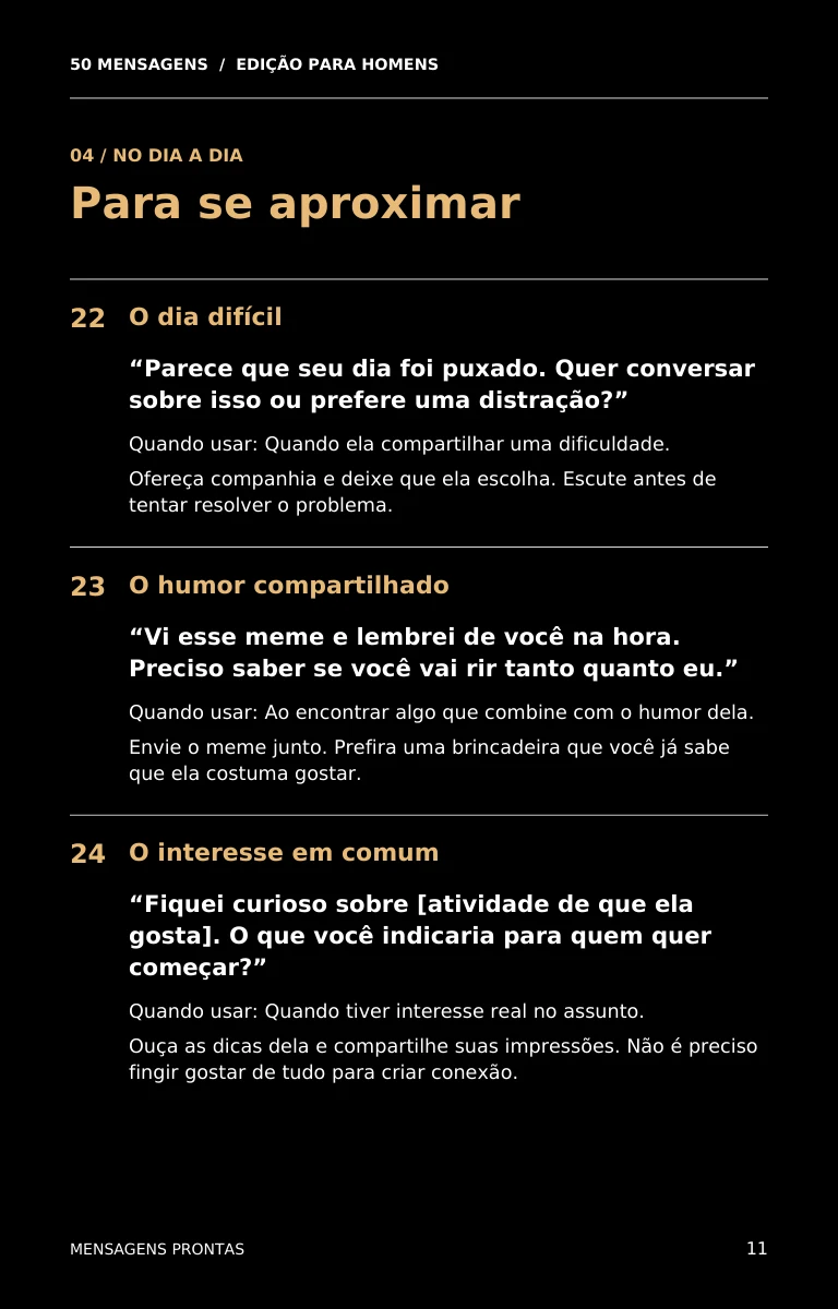 Página de amostra com três mensagens, indicação de quando usar e orientações