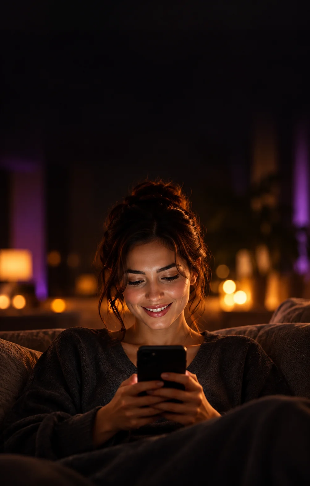 Mulher sorrindo enquanto lê uma mensagem no celular